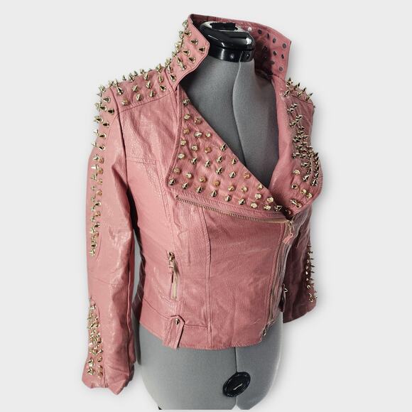 SX Honey Pot Spiked Jacket Womens S Faux Leather Baby Pink Belted Punk Moto NWT - Picture 3 of 10